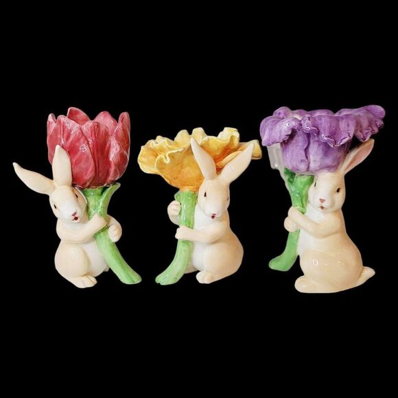 Set of 3 Magenta Seasonal Collection Ceramic Bunny Rabbit Candle Holder Flowers - Picture 1 of 15